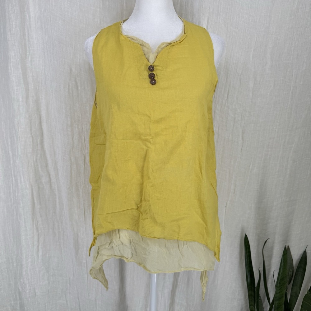 Layered Boho Tunic Top M Lagenlook Beach Resort Sleeveless Hanky Gauze Yellow